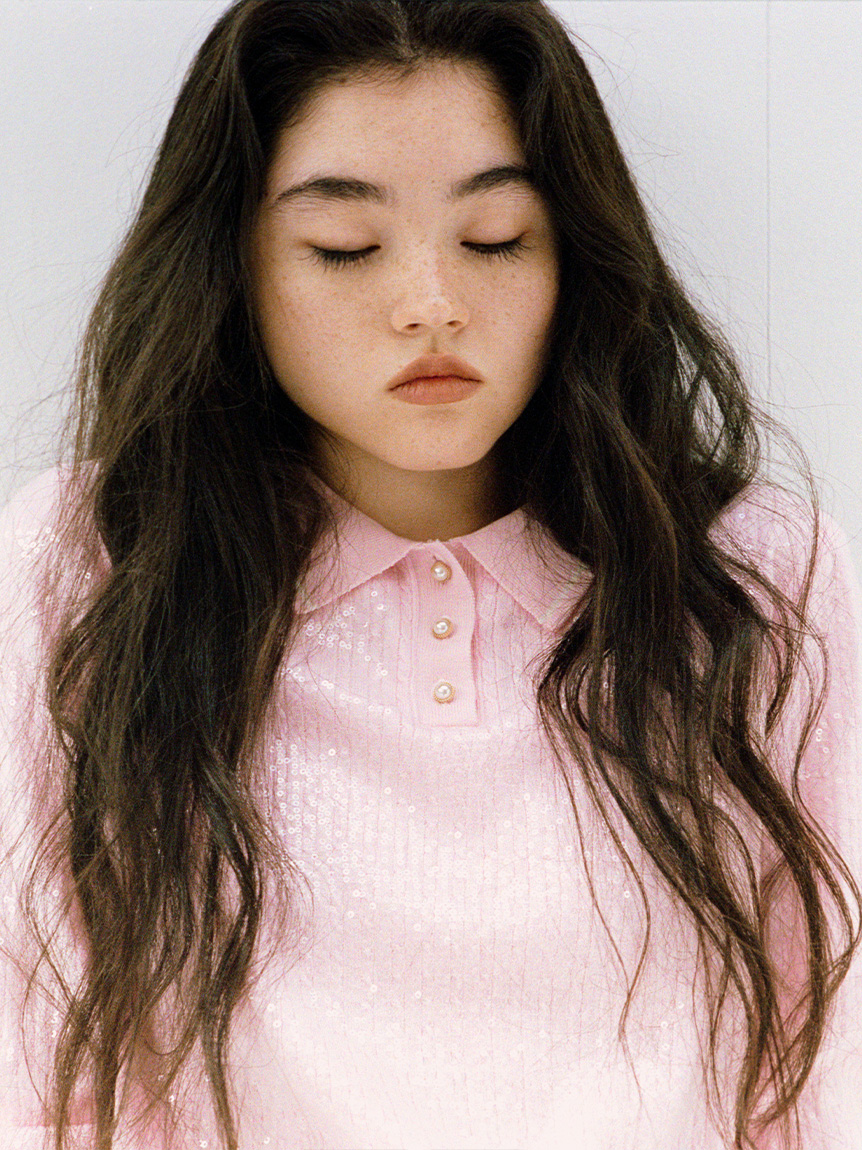 [L.B CANDY STOCK]翻領亮片針織上衣 LWNT261807