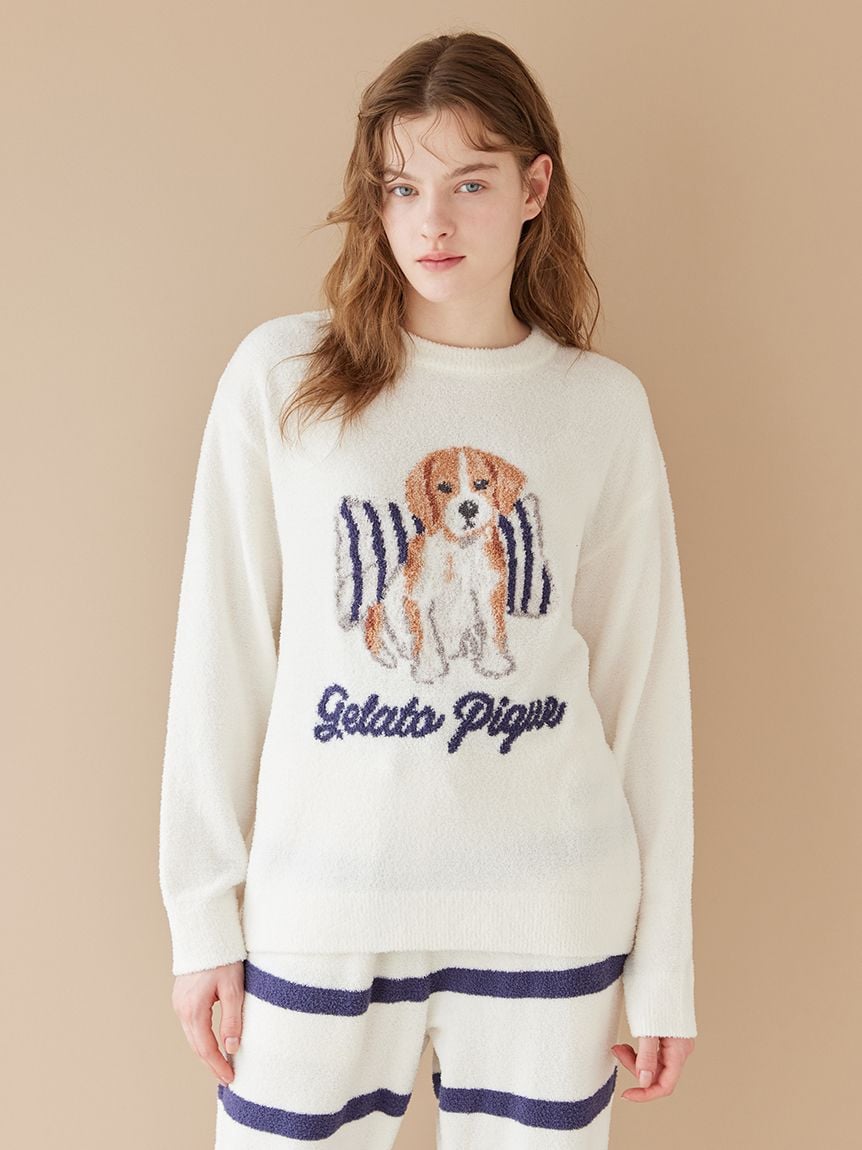 【UNISEX】AIRY MOCO針織3DOG提花上衣&條紋長褲SET PUNT261152