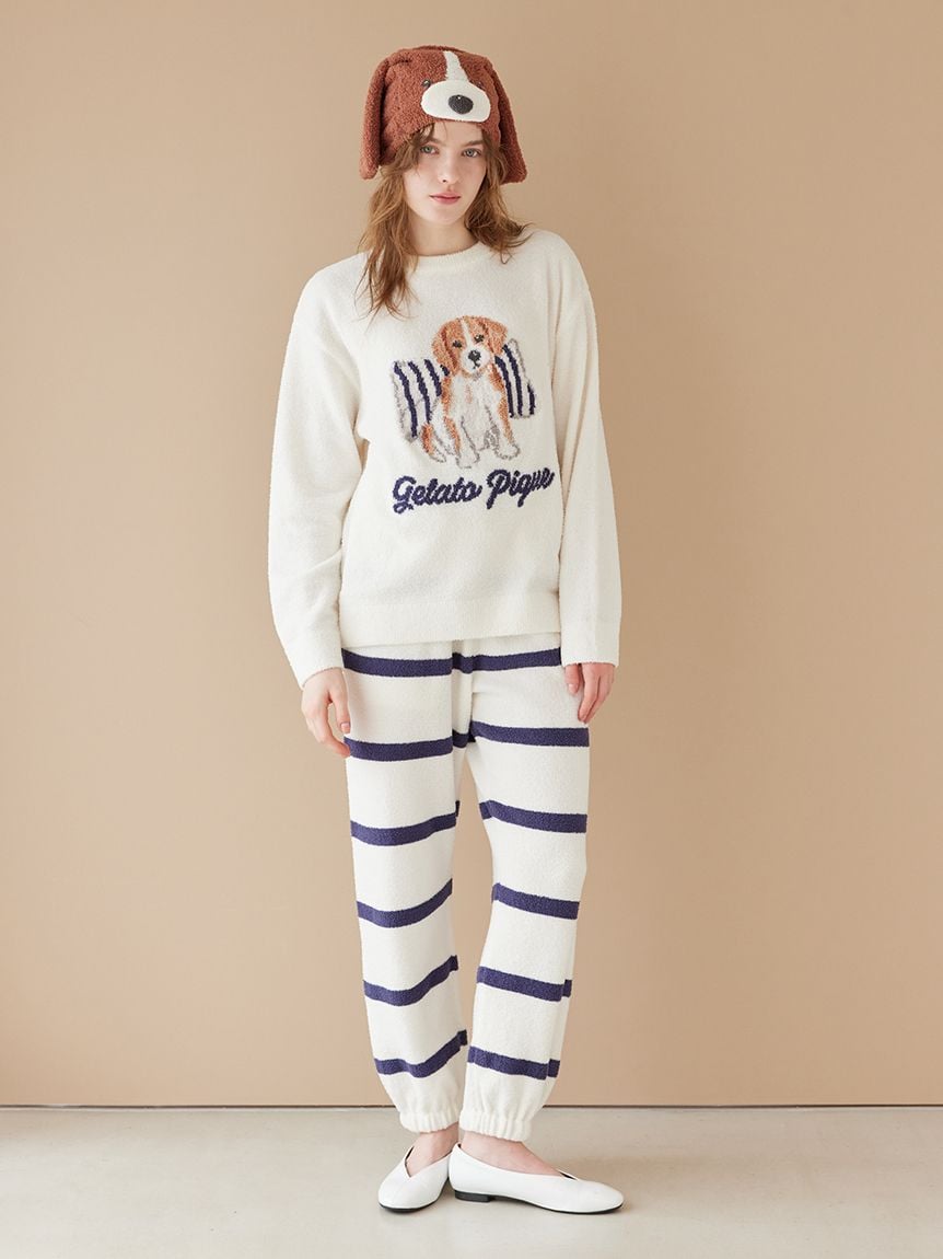 【UNISEX】AIRY MOCO針織3DOG提花上衣&條紋長褲SET PUNT261152