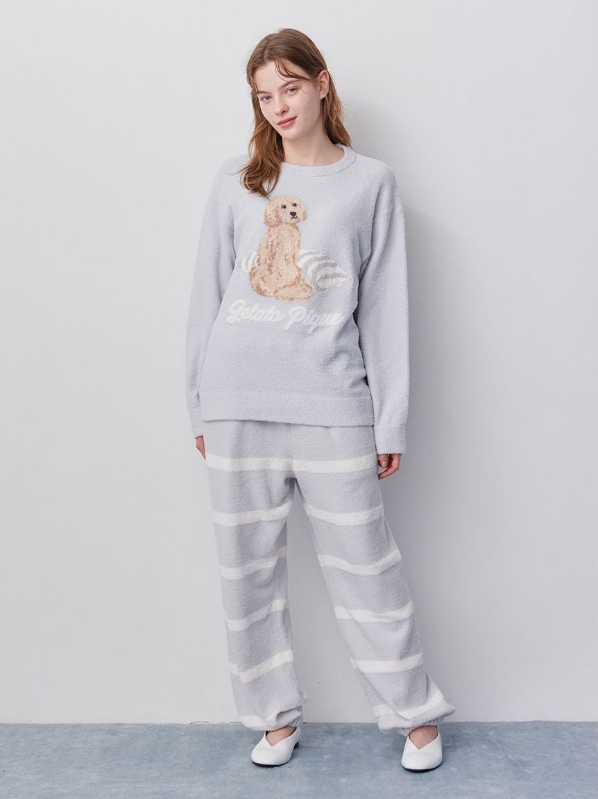 【UNISEX】AIRY MOCO針織3DOG提花上衣&條紋長褲SET PUNT261152
