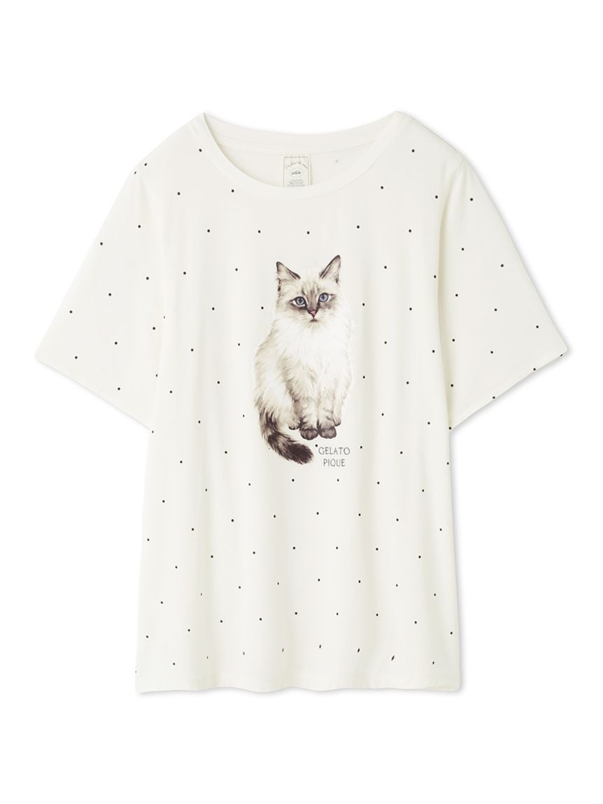 貓咪單圖印花點點嫘縈T-Shirt PWCT242293-OWHT