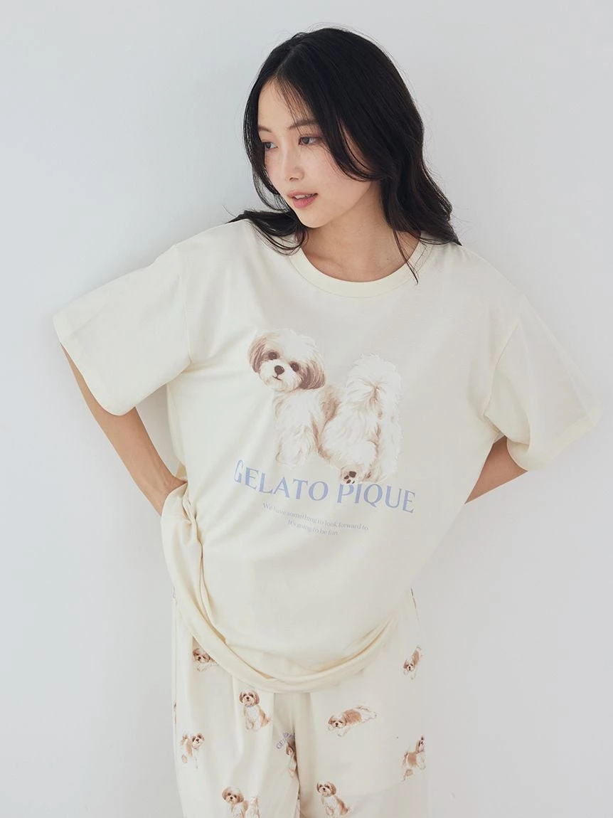 【接觸冷感】【UV CUT】散步小狗圖案T-Shirt PWCT264302