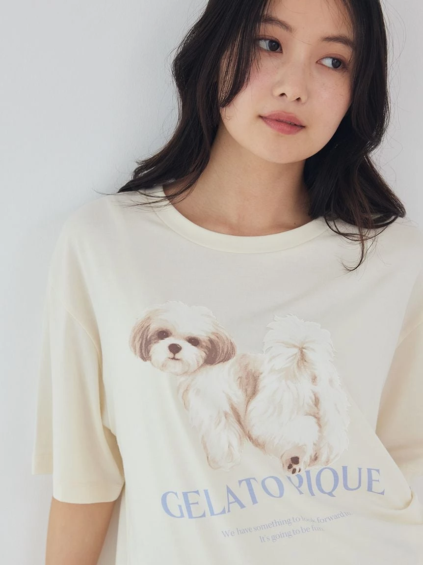 【接觸冷感】【UV CUT】散步小狗圖案T-Shirt PWCT264302
