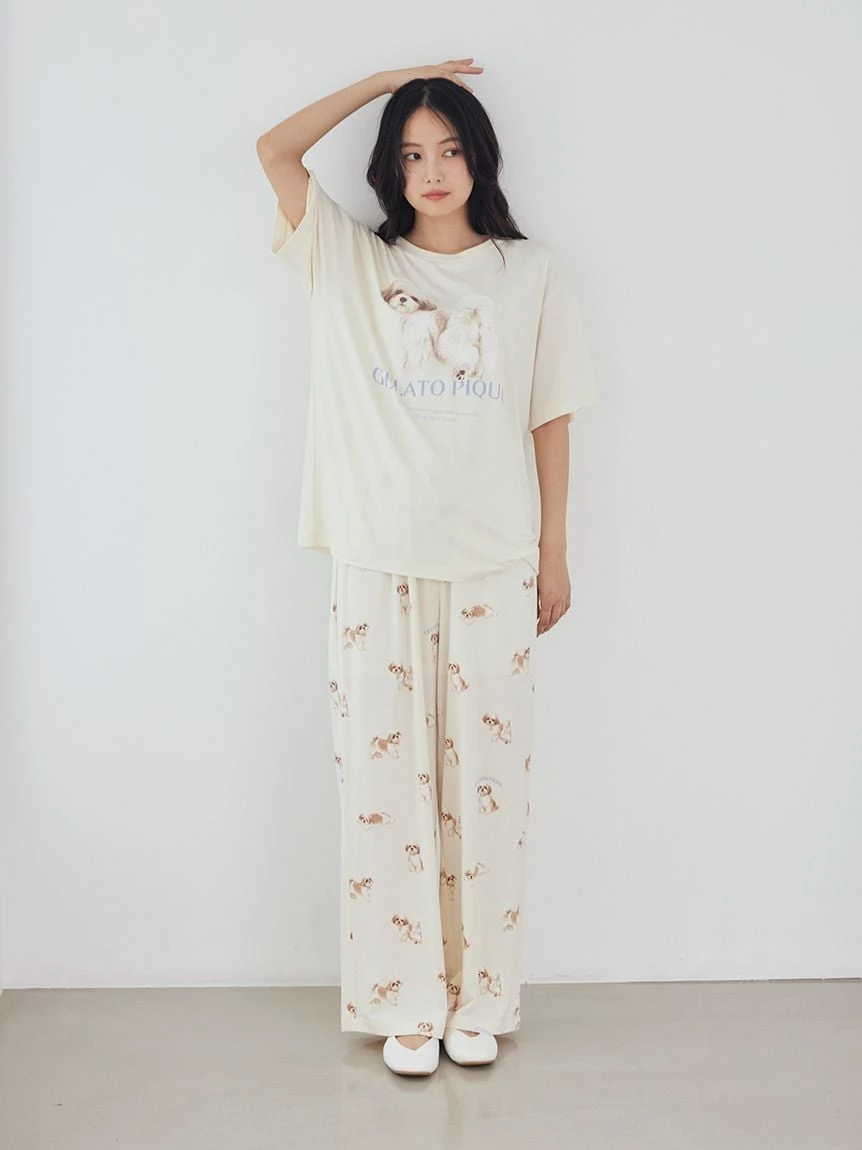 【接觸冷感】【UV CUT】散步小狗圖案T-Shirt PWCT264302