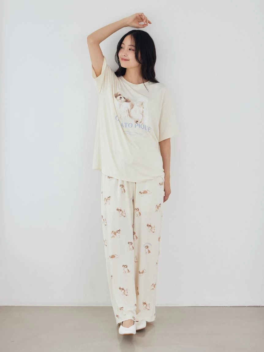【接觸冷感】【UV CUT】散步小狗圖案T-Shirt PWCT264302