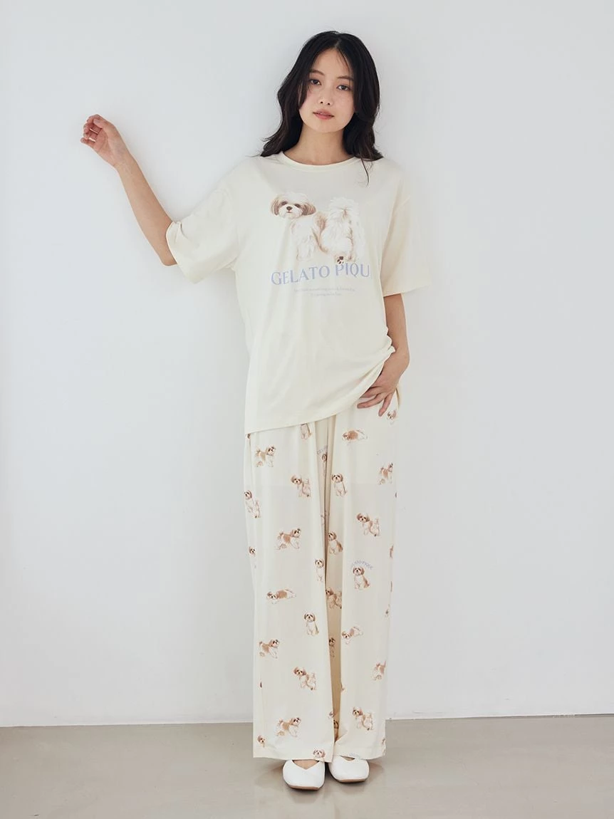【接觸冷感】【UV CUT】散步小狗圖案T-Shirt PWCT264302