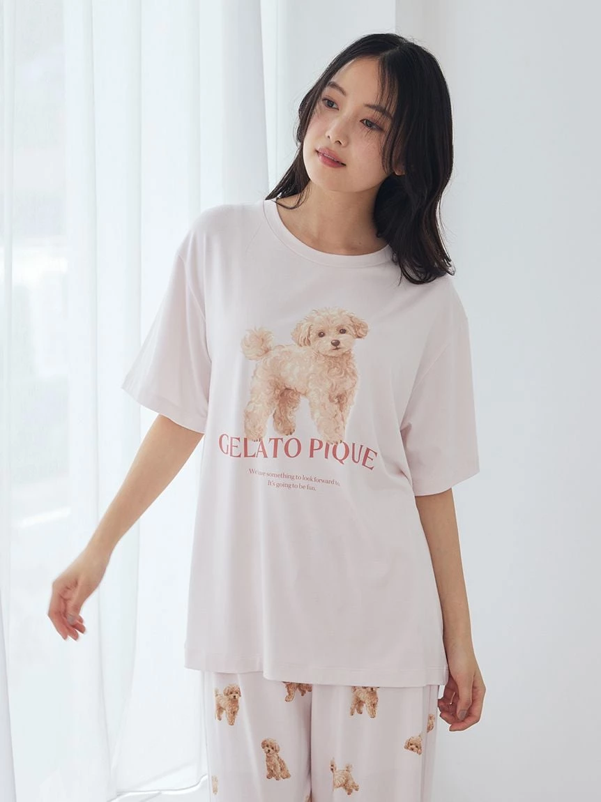 【接觸冷感】【UV CUT】散步小狗圖案T-Shirt PWCT264302