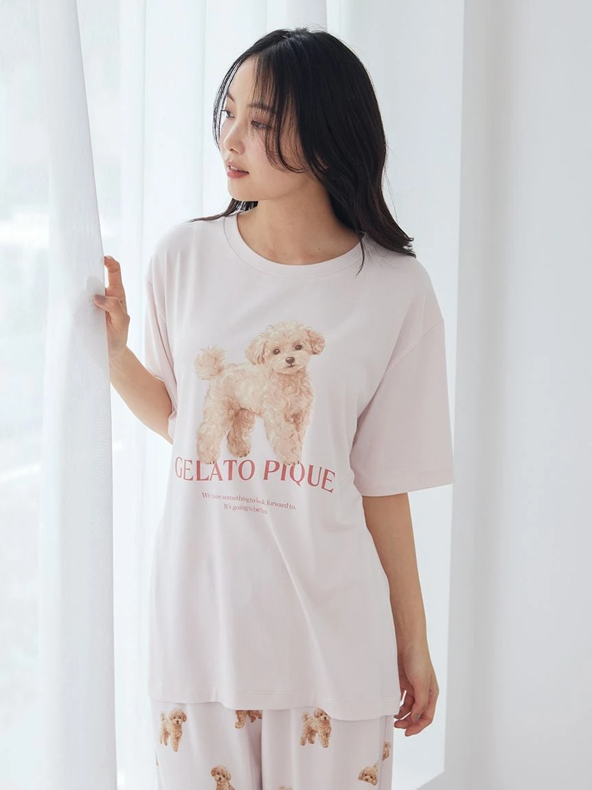 【接觸冷感】【UV CUT】散步小狗圖案T-Shirt PWCT264302