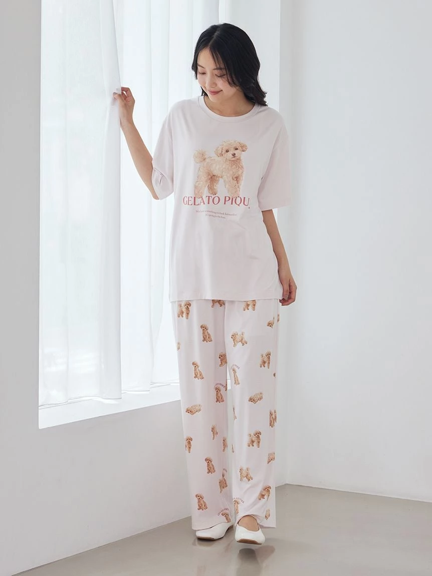 【接觸冷感】【UV CUT】散步小狗圖案T-Shirt PWCT264302