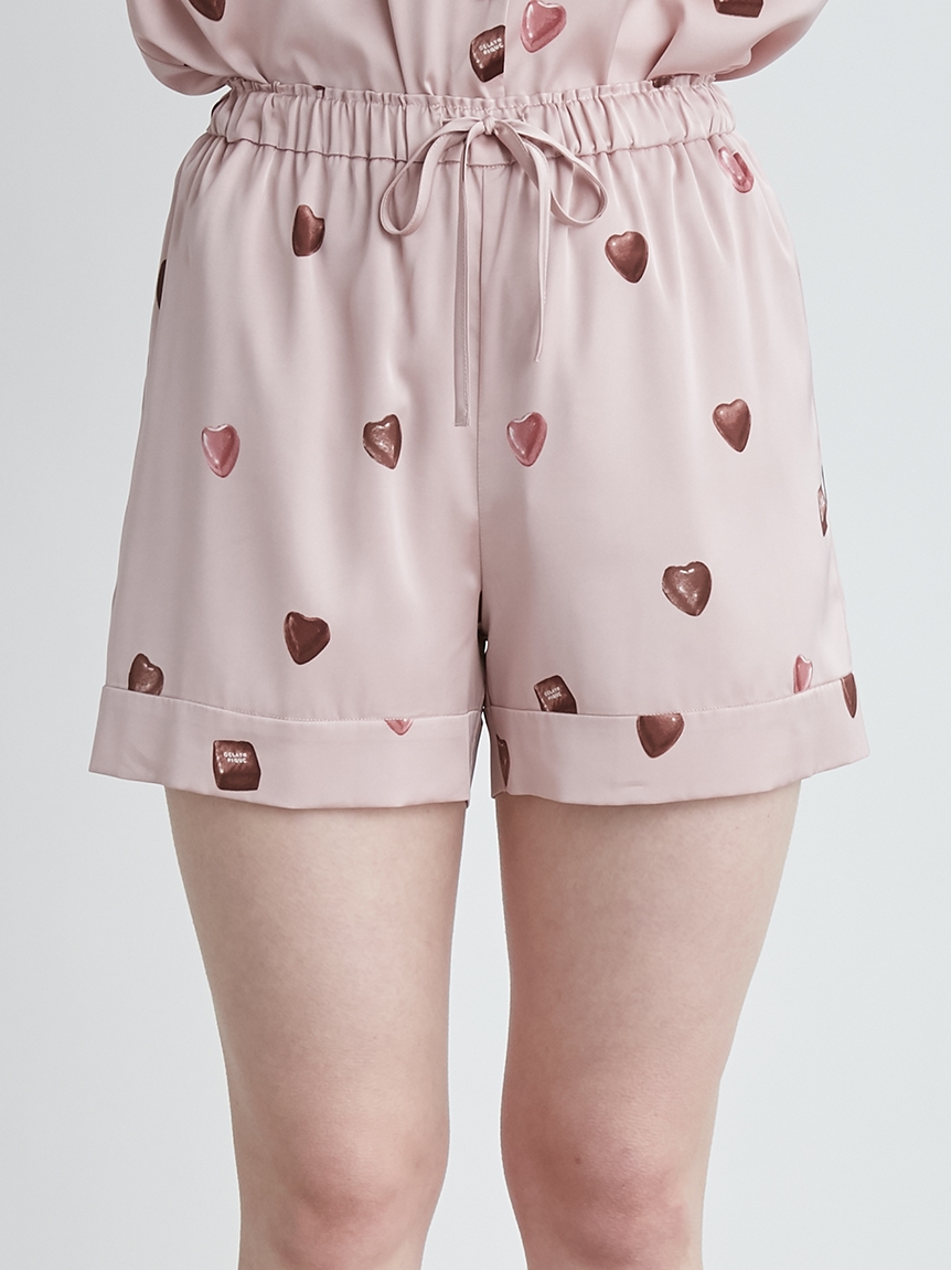 心型巧克力印花緞面短褲