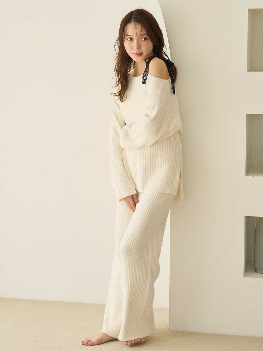 蕾絲蝴蝶結露肩上衣&長褲SET SHNO255063