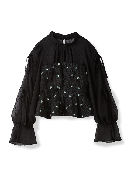 緹花拼接透膚刺繡縮腰傘擺上衣 SWFB241126-BLK