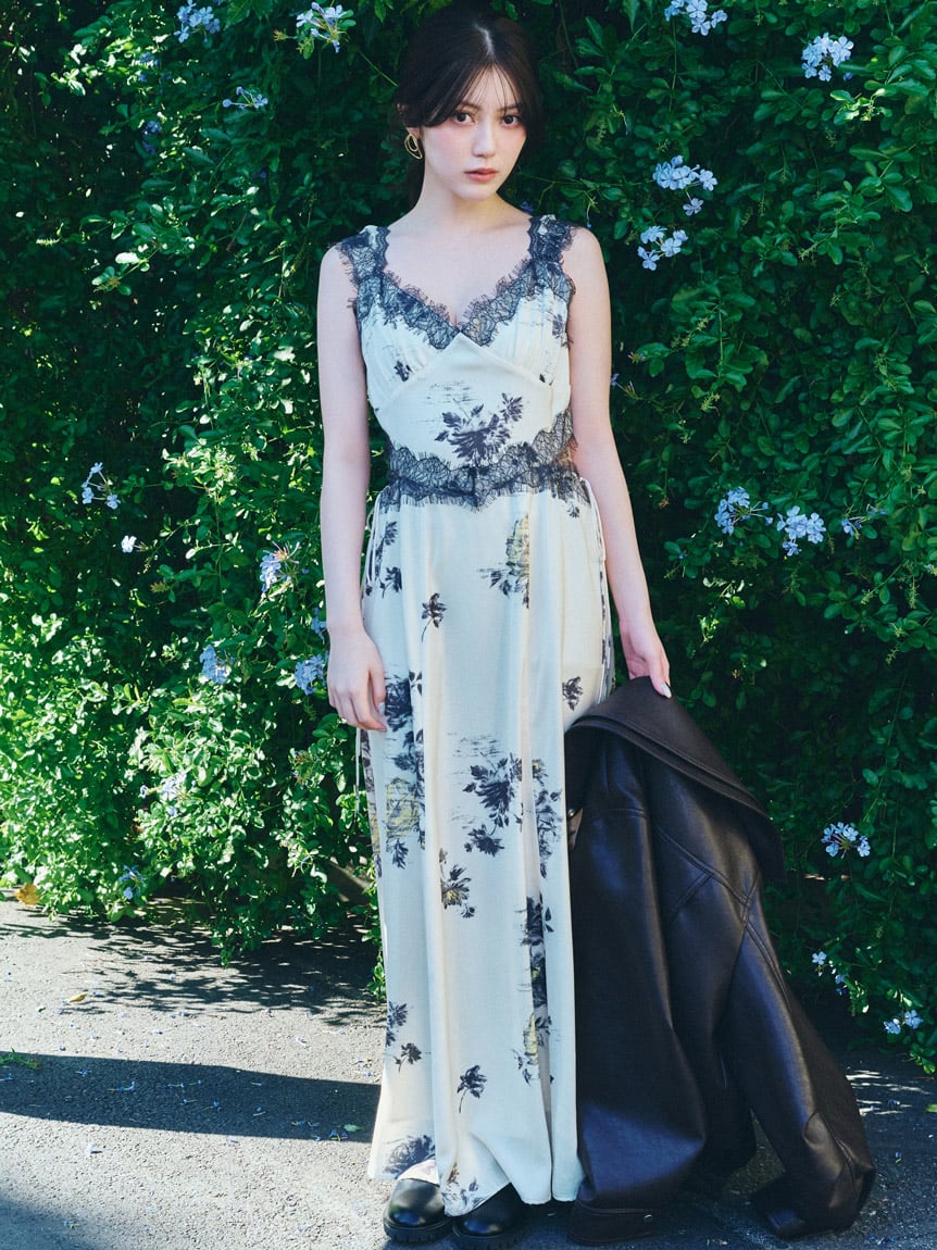 蕾絲滾邊印花細肩帶連身裙 SWFO261147