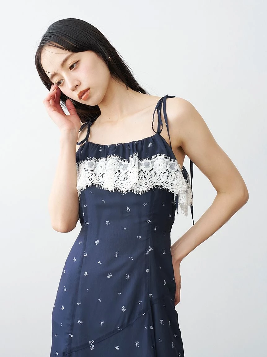 蕾絲荷葉邊格紋細肩帶連身裙 SWFO264096