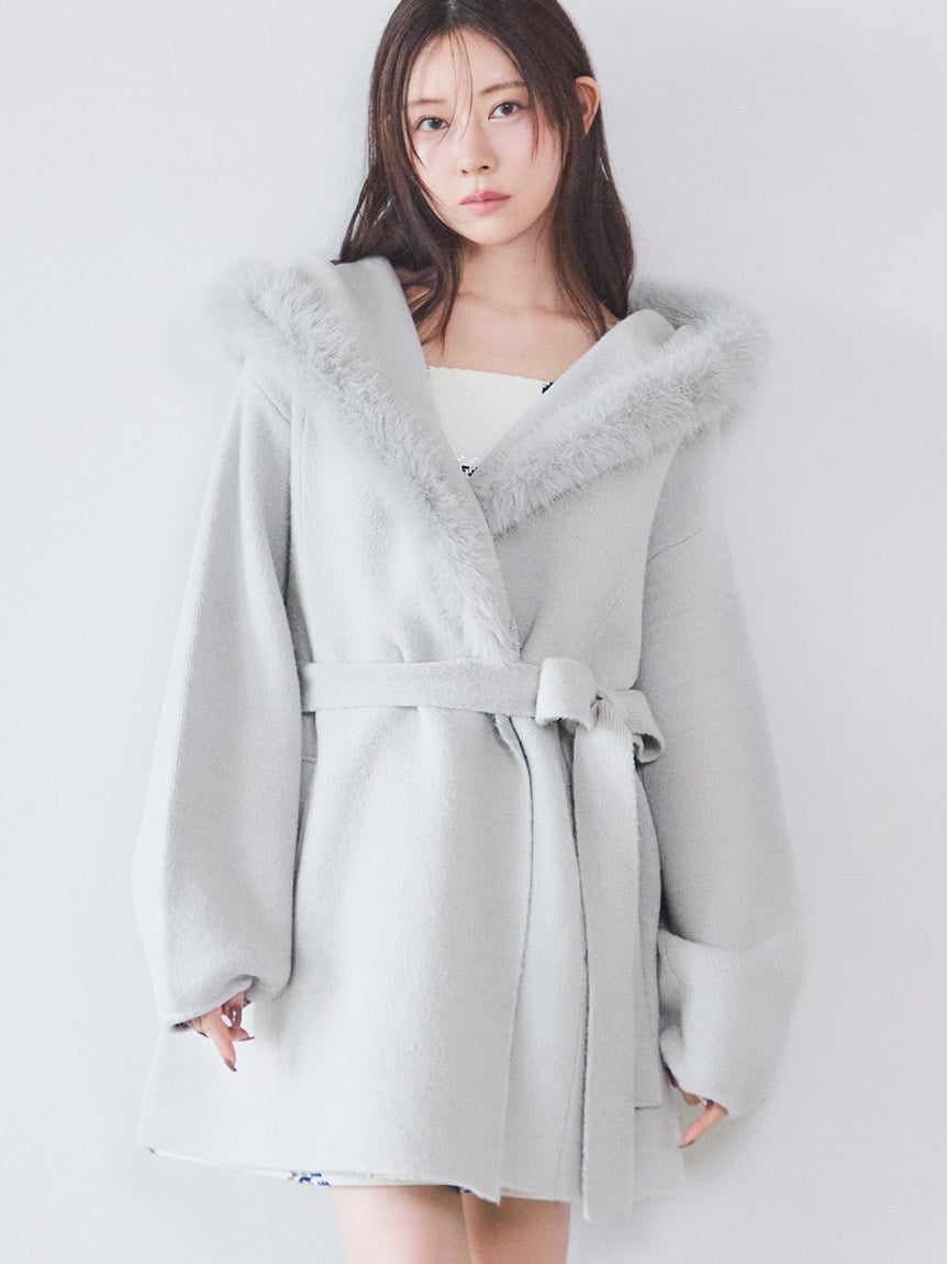 毛絨連帽針織綁帶大衣 SWNC254157