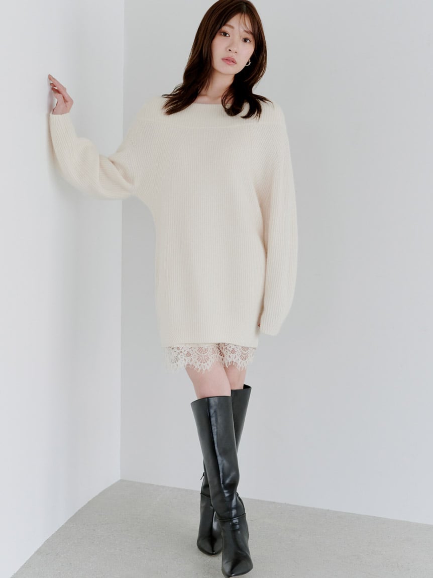 針織露肩連身裙&蕾絲內搭 SET SWNO254191