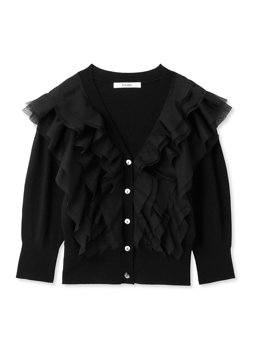 Sustainable 網紗荷葉邊飾針織外套 SWNT241052-BLK
