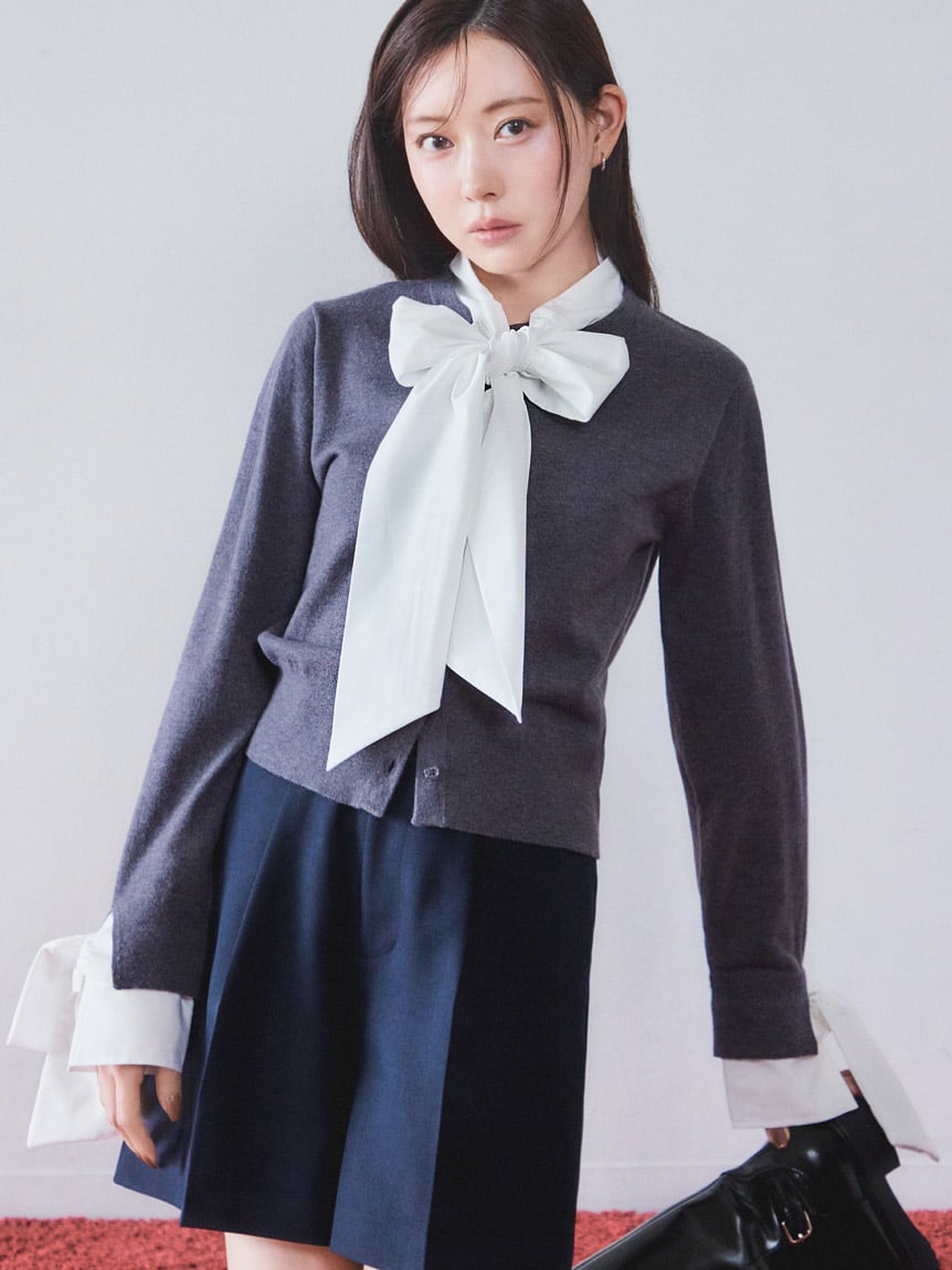 蝴蝶結綁帶拼接針織上衣 SWNT254229