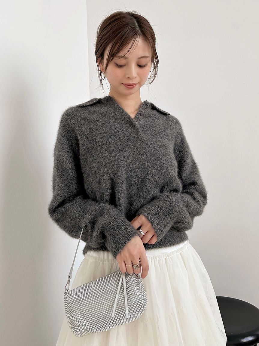 【HIGH QUALITY】狐狸毛混羊絨針織POLO上衣 SWNT255019