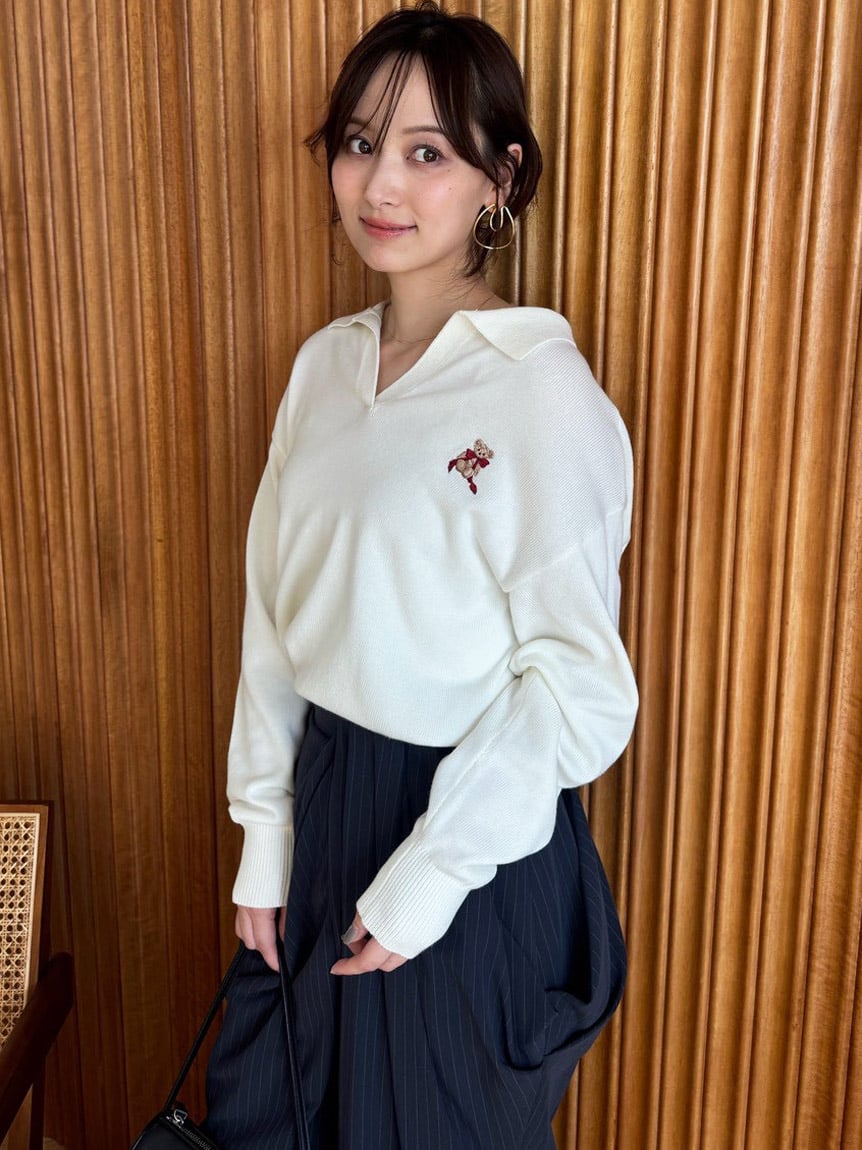 蝴蝶結小熊開襟領針織上衣 SWNT255145