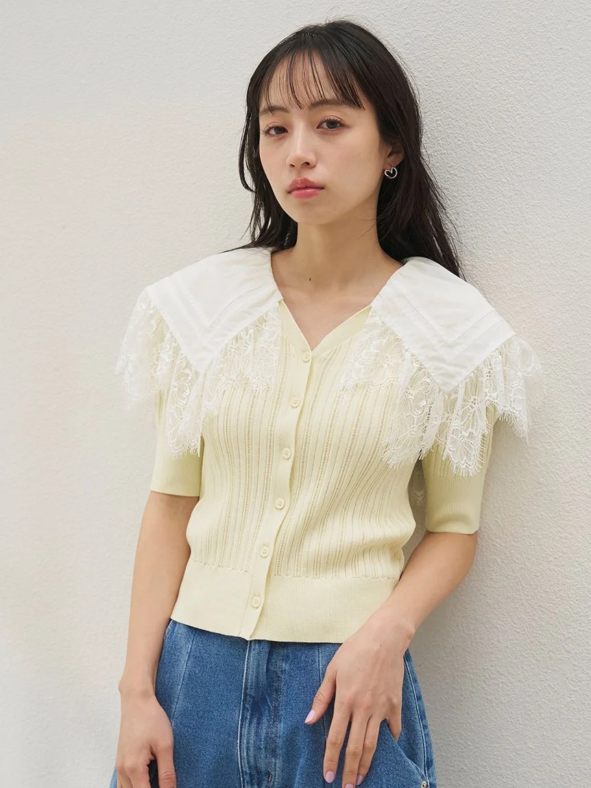 蕾絲領設計針織開襟外套 SWNT261201