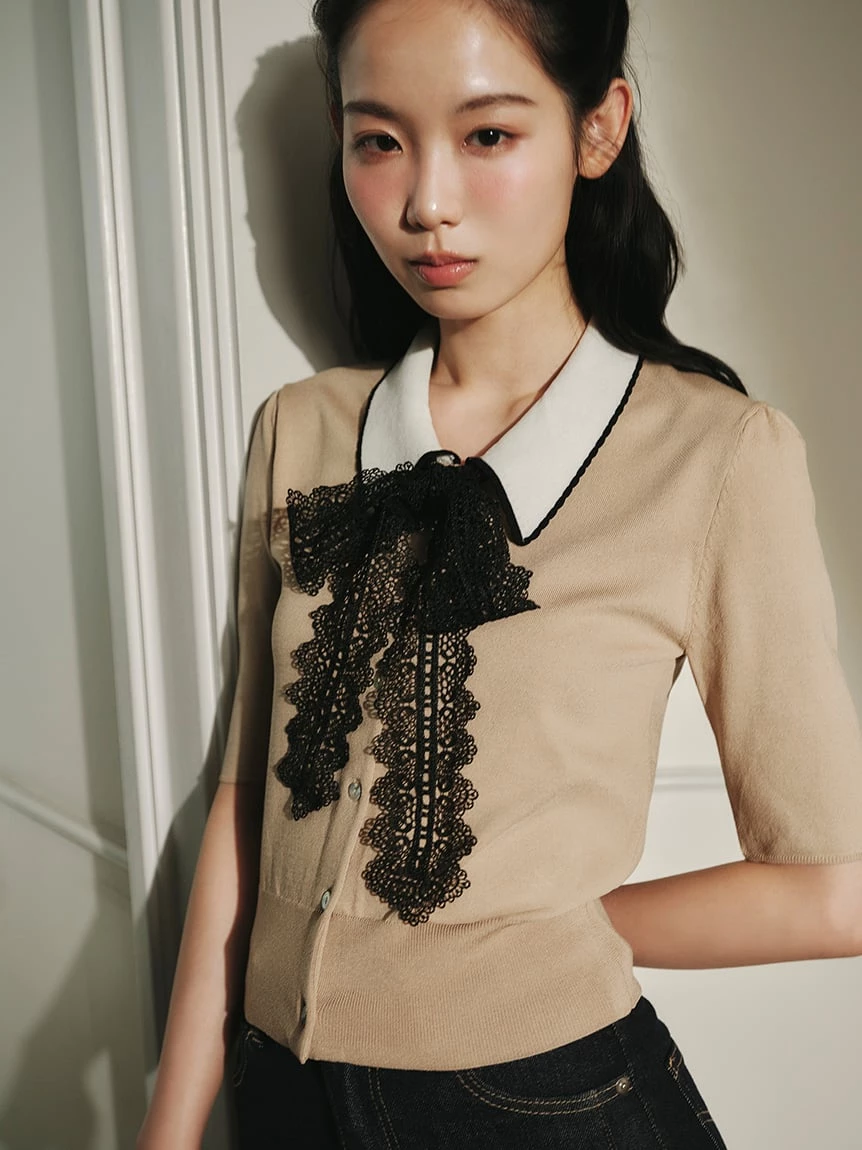 蕾絲蝴蝶結綁帶針織上衣 SWNT264044