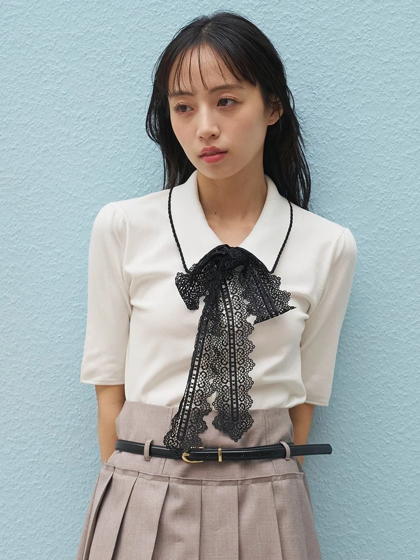 蕾絲蝴蝶結綁帶針織上衣 SWNT264044