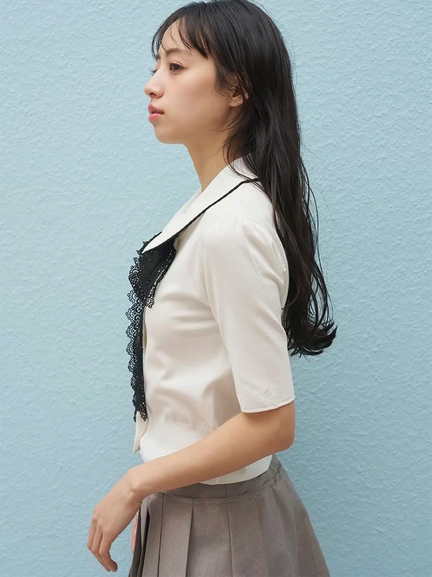 蕾絲蝴蝶結綁帶針織上衣 SWNT264044