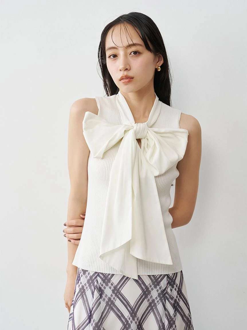 蝴蝶結領拼接無袖上衣 SWNT264167